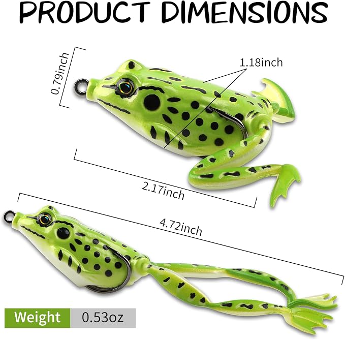 Weedless Topwater Frog Lures - 5PCS Hollow Body Frog Lures for Walleye Fishing, Realistic Soft Plastic Swimbaits with Double Hooks for Freshwater Saltwater, Musky Pike Trout Snakehead
