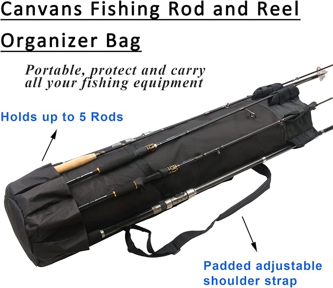 Fishing Rod Carrier Pole Bag Rod Case Large Storage Reel Bag Travel Carrier Organizer Holds 5 Reels Waterproof Fishing Gear Equipment Tackle Gifts for Men (Black)