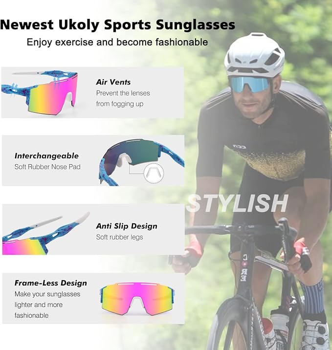 Ukoly Cycling Sunglasses for Men Women with 3 Interchangeable Lenses, Polarized Sports Sunglasses, Baseball Sunglasses