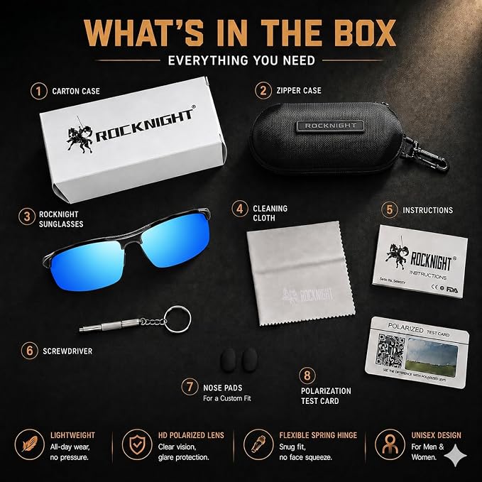 ROCKNIGHT Polarized Rectangular Sunglasses for Men Driving UV400 Protection Lightweight Al‑Mg Frame