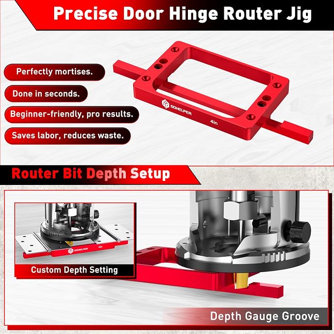 4" Fixed Size Door Hinge Jig for Door and Jamb, Aluminum Alloy Door Hinge Template Kit for Router, Mortise Jig Fits 4" Length 1/4" R, 5/8" R and Square Corner Hinges (4 in)