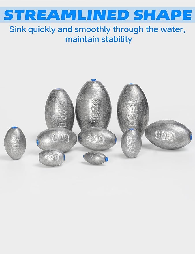 BLUEWING Egg Sinkers Fishing Weights Oval Shaped Fishing Sinkers Lead Fishing Sinker for Saltwater Fishing，1/8 oz to 7 oz