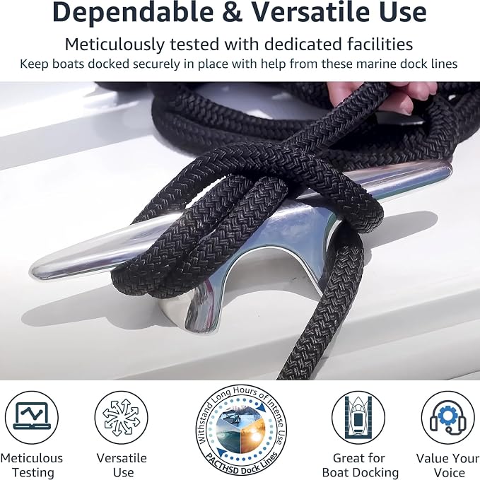 2 Pack 1/2" x 20' Dock Lines - Marine Grade Nylon Boat Rope with 12" Loop for Docking and Mooring - Double Braided Boat Lines, High Strength, Easy Handling, Fray Resistant - Black
