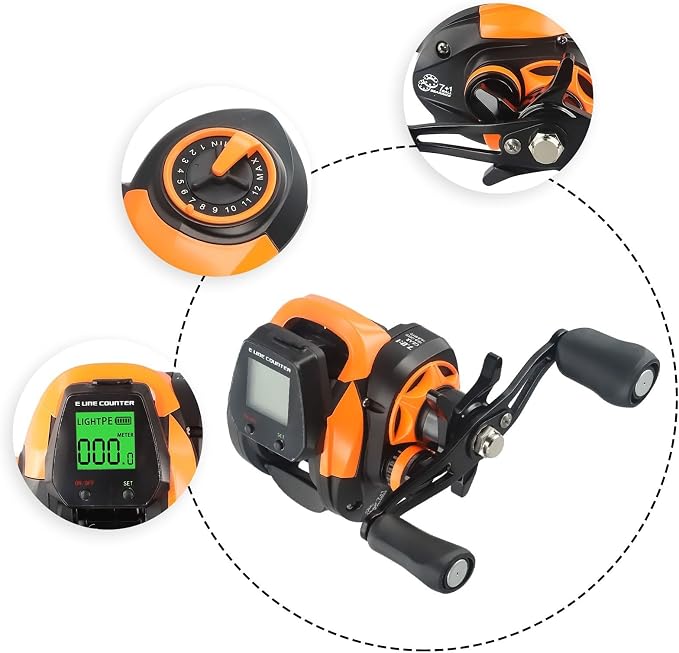 Digital Baitcasting Fishing Reel with Bite Alarm and Line Counter, 7.2:1 High Speed Gear Ratio, USB Rechargeable, 0-12 Adjustable Braking System