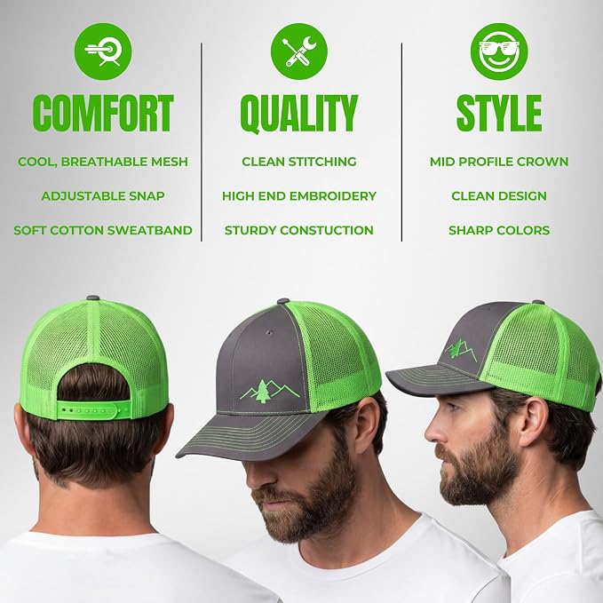 LINDO Trucker Hat [ Great Outdoors Design ] for Men and Women: Mid Profile Cap with Breathable Mesh Back and Adjustable Snap