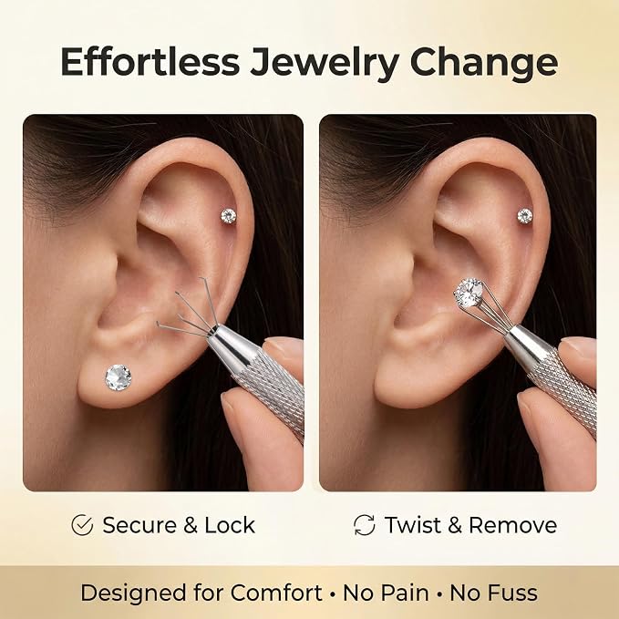 Piercing Tapered Ball Grabber Tool Piercing Changing Tools Flat Back Earring Tool 4-Claw Pick UpPiercing Ball Holder for Ear Nose Lip Stainless Steel Threadless/Threaded Insertion Pin