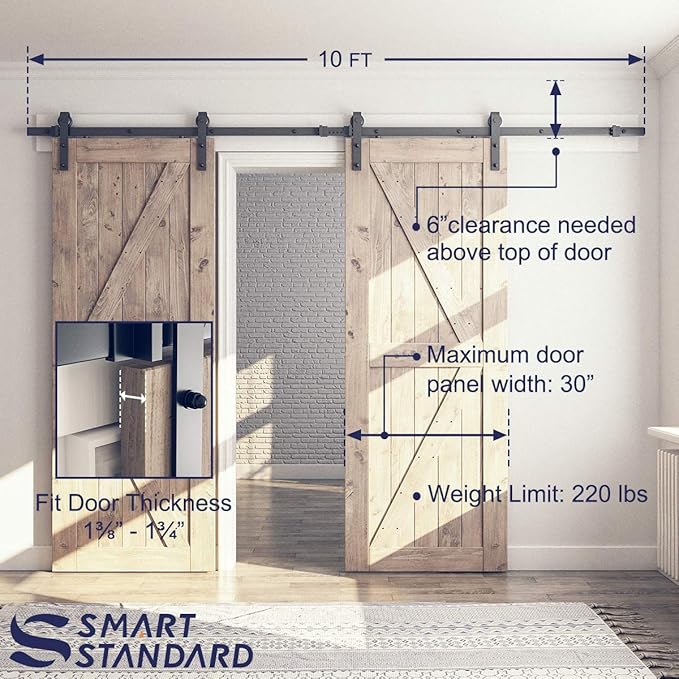 SMARTSTANDARD 10FT Double Barn Door Hardware Kit, Sliding Door Track-Smoothly and Quietly -Includes Detailed Installation Fit 30" Wide Door Panel(J Shape Hanger) Black