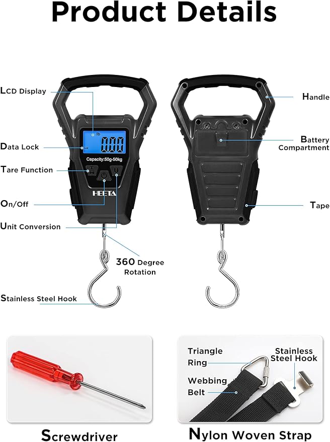 HEETA Waterproof Fish Scale Digital with Backlit LCD Display, 110lb/50kg Portable Hanging Scale Fishing Scale for Home and Outdoor, Measuring Tape and 2 AAA Batteries Included