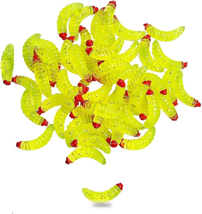 50pcs-1Inch Bass Fishing Worms Lures,Silicone Soft Maggot Baits Bread Worm Fishing Lure,5 Color
