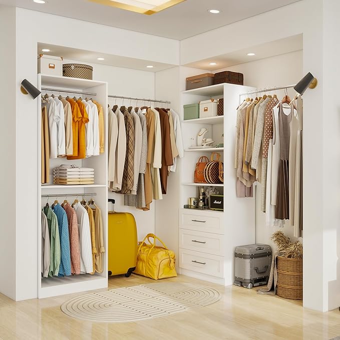 Closet System of 2 Sets with 3 Drawers & 4 Shelves & 4 Hanging Rods, 4FT-10FT Closet Organizer System, Walk in Closet, Modular Closet System White (4FT)