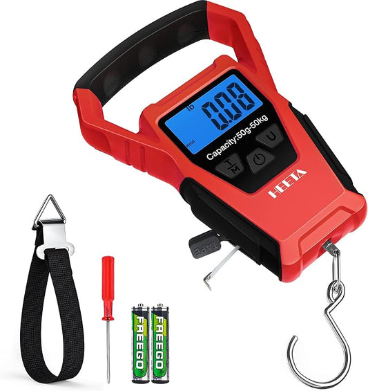 HEETA Waterproof Fish Scale Digital with Backlit LCD Display, 110lb/50kg Portable Hanging Scale Fishing Scale for Home and Outdoor, Measuring Tape and 2 AAA Batteries Included
