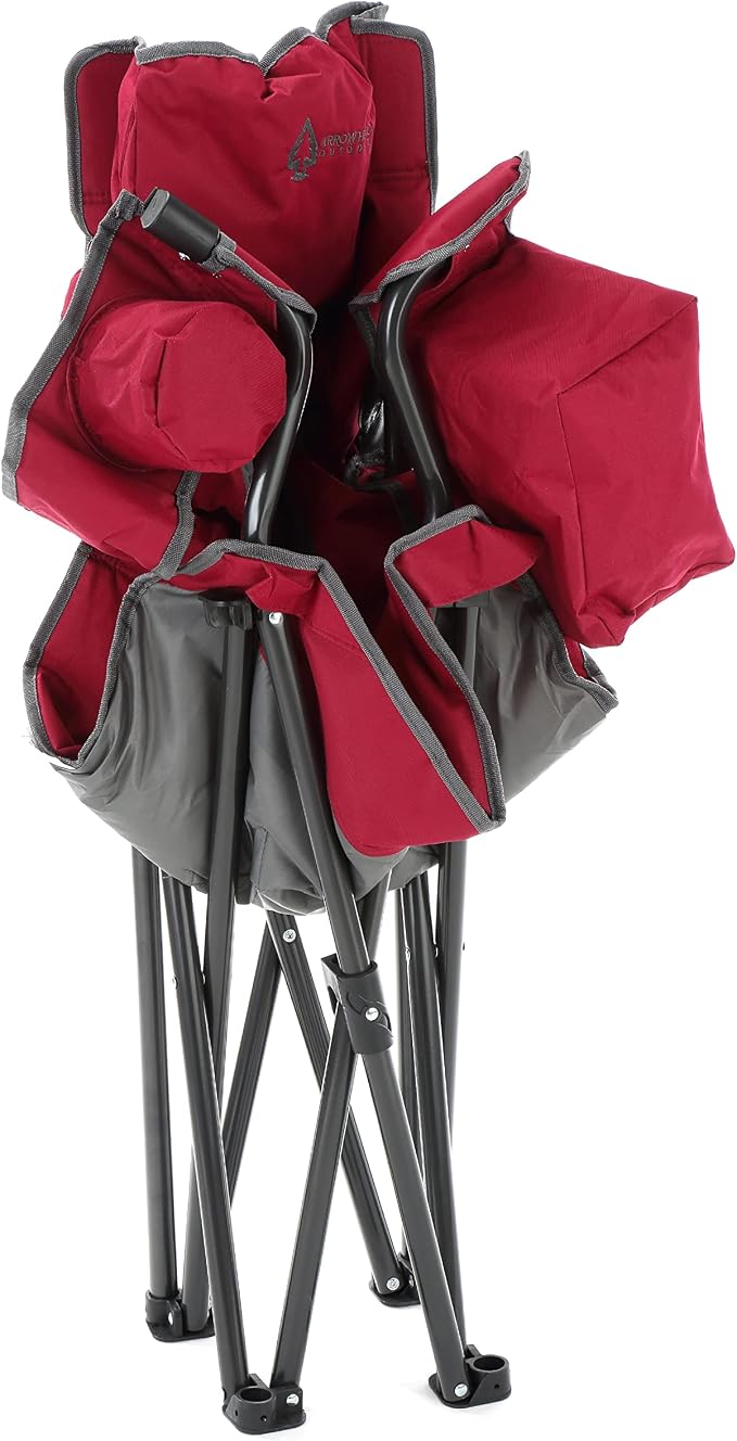 ARROWHEAD OUTDOOR Portable Deluxe Folding Camp Quad Chair w/Headrest, Glass & Cup Holders, Armest 6-can Cooler, Heavy Duty Carry Bag, 550 lbs Weight Capacity