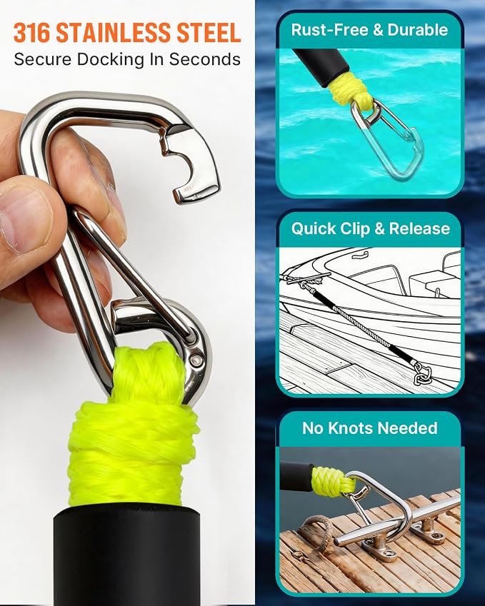 Boat Accessories 4Feet Boat Bungee Dock Lines (2 Pack) with 30cm Extended Loop Shock Absorbing, 316 Stainless Steel Clip & Floating Foam, Mooring Lines for Boats, Jet Ski, Pontoon(Neon Yellow)