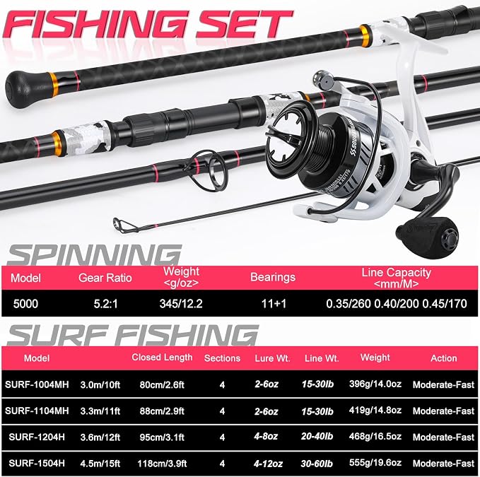 Sougayilang Surf Fishing Rod and Reel Combo, 4 Piece MH/H Saltwater Fishing Combo with 5000 Size Spinning Reel(12'/15')