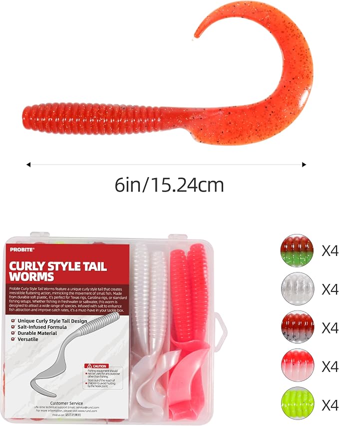 Curly Style Tail Worms Fishing Lures – Realistic Wavy Tail Soft Bait Grub Swimbaits for Saltwater & Freshwater Fishing, Available in 4 Inch & 6 Inch, Perfect for Bass, Trout, Crappie, & More