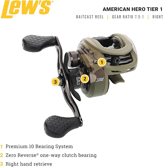 Lew's American Hero Tier 1 Baitcast Fishing Reel, 9+1 Stainless Steel Ball Bearings, 7.5:1 Gear Ratio, Multicam