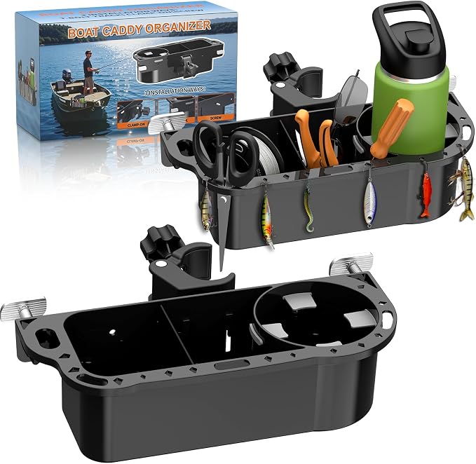 Boat Caddy Organizer, 3-in-1 Mount (Screw/Fishing Boat Track/Clamp-On), Removable Divider Card & Anti-Slip Pad, Fits 40oz Tumbler, for Boat Kayak Tree Stand Bicycle Walker Wheelchair