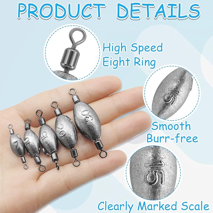 Fishing Weights Sinkers Inline Trolling Fishing Sinkers Egg sinkers with Inner Swivels Oval Drop Lead Fishing Weights for Saltwater Freshwater Fishing