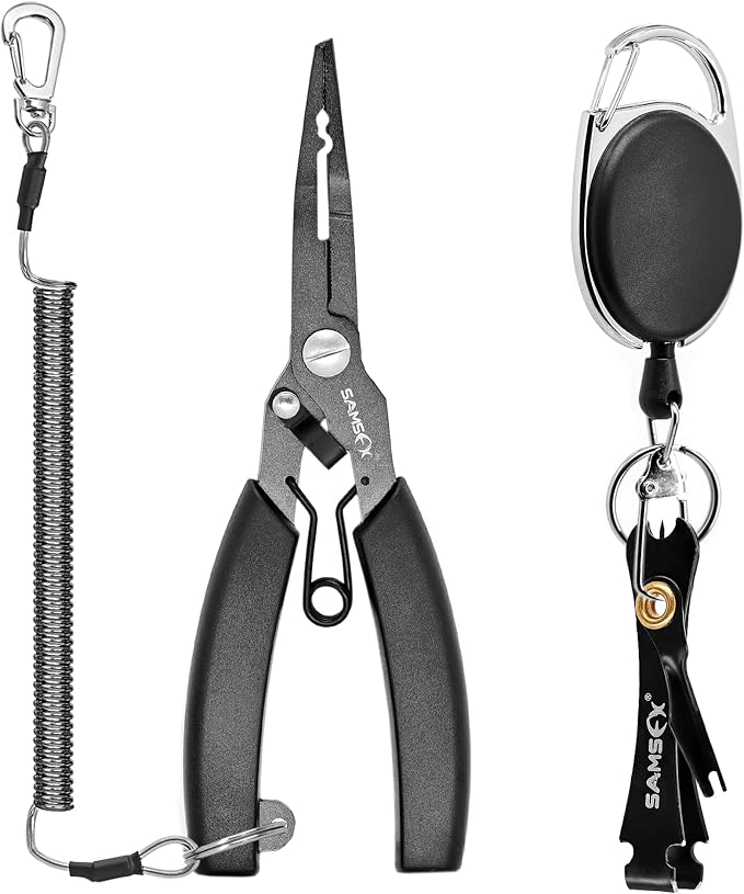 SAMSFX Locking Fishing Pliers Saltwater Resistant Teflon Coated Briad Line Cutters with Wire Coiled Lanyard, Sheath & Quick Knot Tool Combo