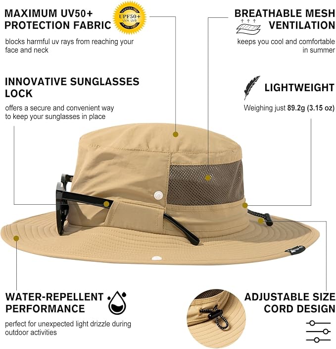 TOP-EX Men's Wide Brim Sun Hat UPF 50+ Waterproof, Packable Breathable Mesh Boonie Bucket Cap for Hiking Fishing Safari