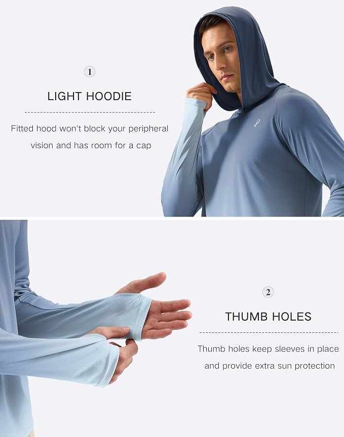 Pudolla Men's Sun Protection Hoodie Shirts UPF 50+ Rash Guard SPF Long Sleeve Fishing Shirt for Men Swim Hiking Boating