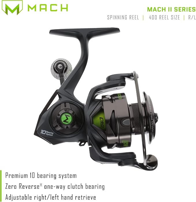 Lew's MACH 2 Spinning Fishing Reel, 6.2:1 Gear Ratio, Right or Left-Hand Retrieve, Aluminum Frame, Premium 10 Stainless Steel Ball Bearings, Black/Green