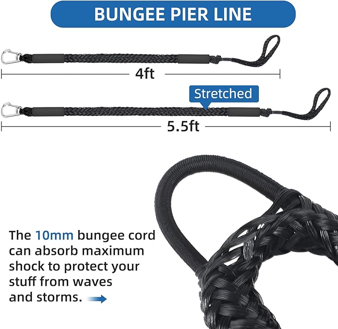 Bungee Dock Lines for Boats (4 Pack) - 4ft Marine Mooring Ropes with 316 Stainless Clips - Shock Absorbing Tie Offs for Jet Ski, PWC, Kayak, and Pontoon - Durable Boat Accessories