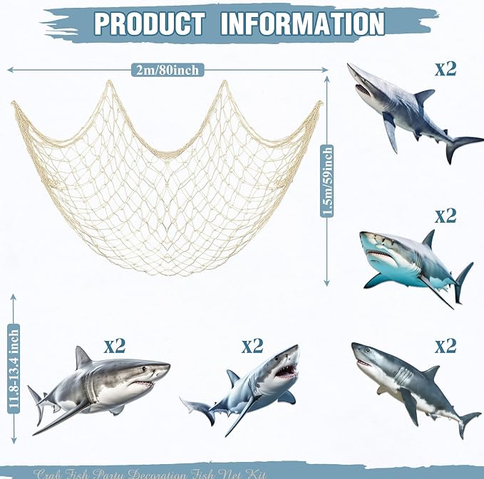 Silipull 11 Pcs Shark Birthday Party Decorations Kit Fishing Net Cute Cardstock Photo Prop for Birthday Sea Animal Indoor Outdoor Dessert Table Party Supply