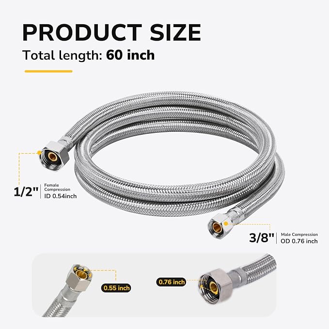 60" Faucet Supply Line, 3/8 inch Comp x 1/2 inch FIP Faucet Connector, Braided Stainless Steel Faucet Hose for Bathroom Sink and Kitchen, Leak-Resistant cUPC Certified Water Supply Line, 2 Pack