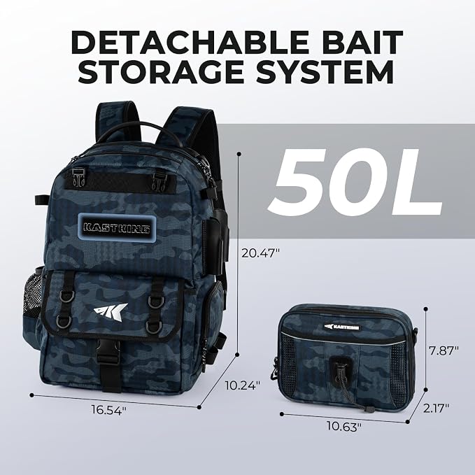 KastKing BaitSpace Fishing Tackle Backpack with Removable Bait Binder,2 Rod Holders Storage Fishing Gear and Equipment