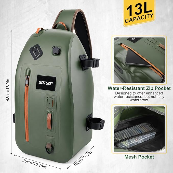 Goture Waterproof Fly Fishing Sling Pack, IPX8 840D TPU Fishing Sling Bag, 13L Tackle Backpack with Rod Holder,Airtight Zipper,Exhaust Valve,Adjustable Strap for Kayaking,Wadering,Hiking
