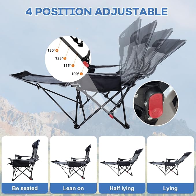2-Pack Reclining Camping Chair 4 Position with Foot Rest Comfortable for Adults 265Ibs Folding Lounger Mesh Beach Chair with Cooler Bag and Cup Holder for Outdoor Patio