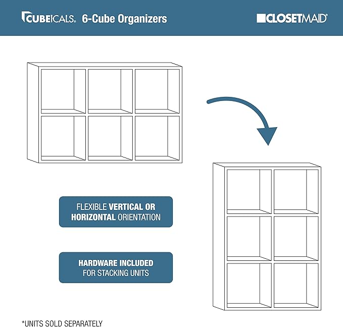 ClosetMaid Cubeicals 6 Cube Storage Shelf Organizer Bookshelf, Stackable, Vertical or Horizontal, Easy Assembly, Wood, White Finish