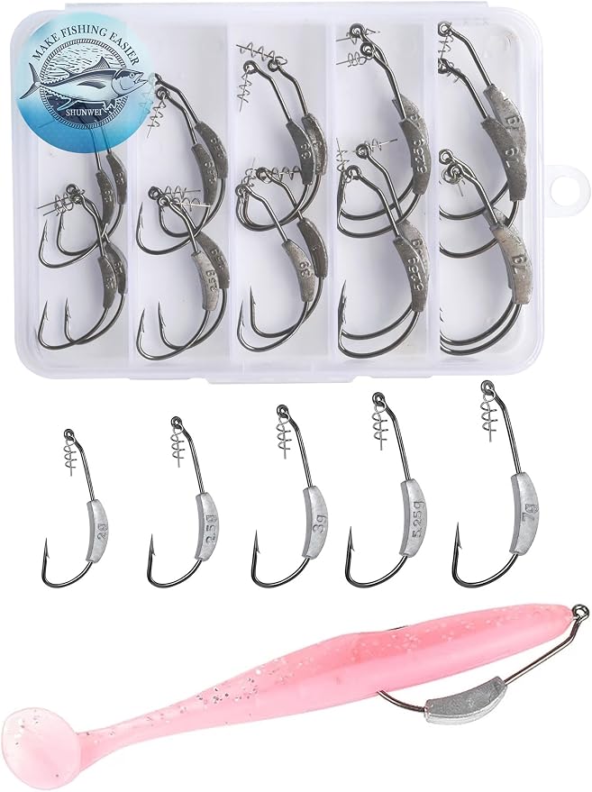 25 Pcs/Box Weighted Swimbait Hooks, Weighted Fishing Hooks Saltwater Worm Weedless Hooks for Bass Fishing Mixed 5 Size 1/0 2/0 3/0 4/0 5/0