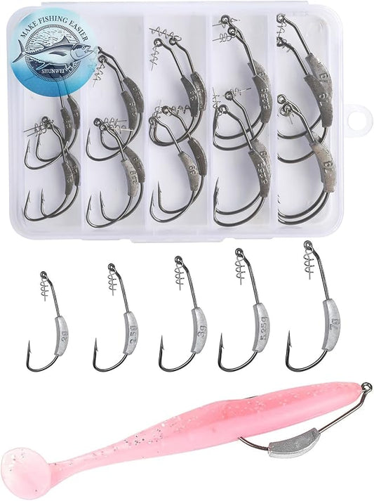 25 Pcs/Box Weighted Swimbait Hooks, Weighted Fishing Hooks Saltwater Worm Weedless Hooks for Bass Fishing Mixed 5 Size 1/0 2/0 3/0 4/0 5/0