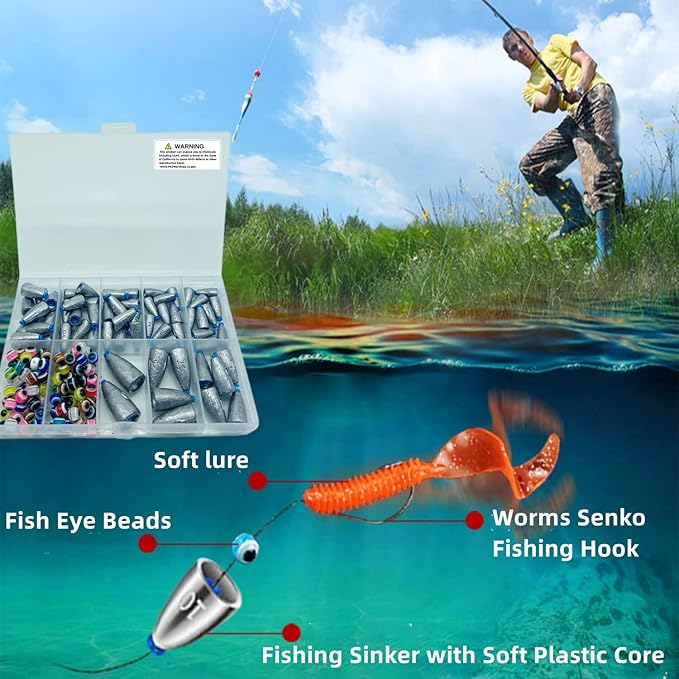161Pcs/Box Worm Fishing Sinker Weights Kit with Soft Plastic Core（20g,14g,10g,7g,5g,3.5g Mixed, 61Pcs Bullet Lead Fishing Weights, 100 Pcs Eye Beads Bait, Don't Hurt Line Texas Rig