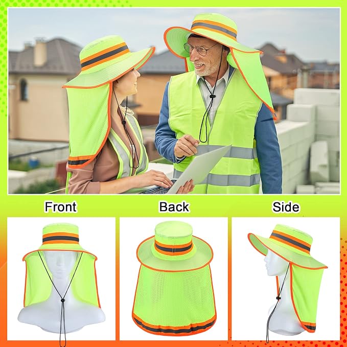 Jexine 10 Pcs High Visibility Reflective Hat with Neck Flap Safety Sun Hat for Men Bucket Cap Boonie Hats Bulk