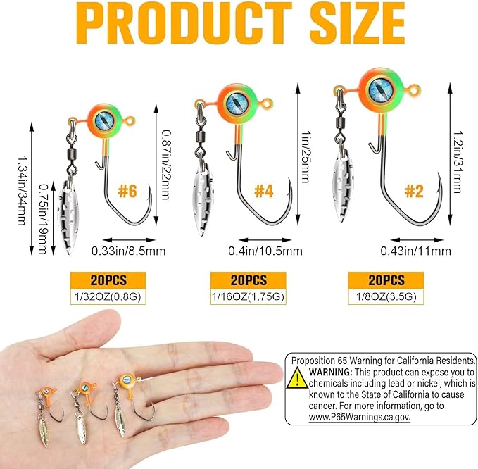 Dovesun Crappie Jig Heads for Fishing Underspin Jig Heads for Crappie Walleye Bluegill Ice Fishing 20pcs/25pcs 1/32oz, 1/16oz, 1/8oz