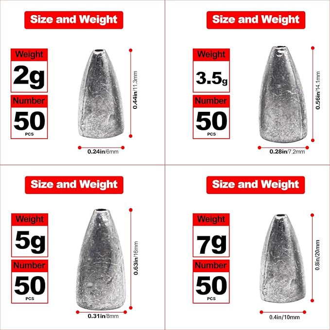 Fishing Weight Sinkers, 50pcs/55pcs Lead Worm Weights Fishing Sinkers for Bass Fishing Texas Rigs(2g/3.5g/5g/7g)