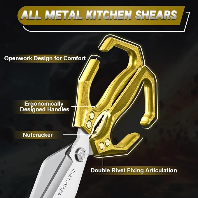 Dream Reach Kitchen Scissors Heavy Duty Kitchen Shears for Food, Meat Scissors Dishwasher Safe, Poultry Shears Set for Turkey, Meat, Seafood, Bone Cutting - Gifts for Men (Golden)