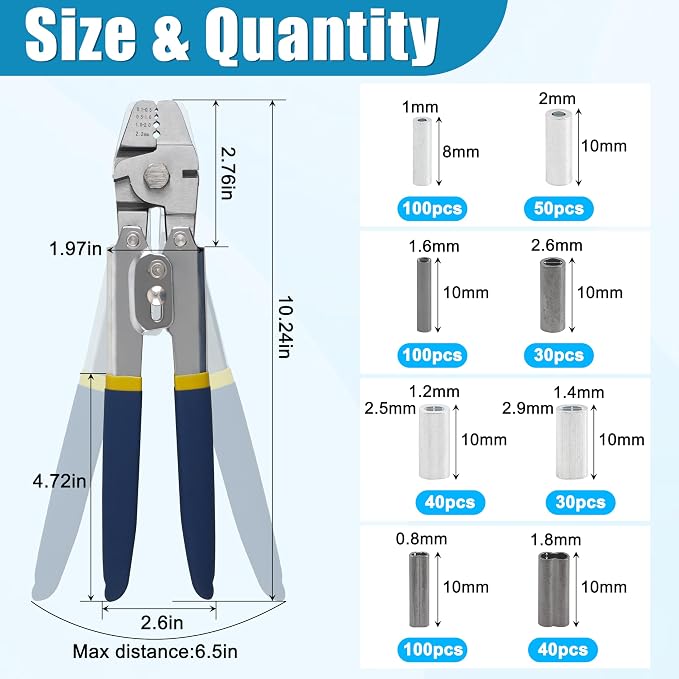 Fishing Crimping Tool Kit Stainless Steel Crimp Pliers Wire Rope Crimping Tool + 590pcs Crimp Sleeves Beads Kit,8 Crimping Sizes