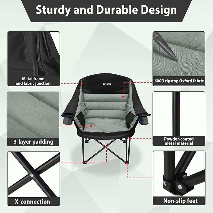 Youtanic Oversized Camping Chair, Portable Folding Camping Chairs with Side Pocket, Cup Holder and Carry Bag, Heavy Duty Outdoor Camping Chairs for Adults, Fishing, Sports, Trip, up to 400lbs, Style 4