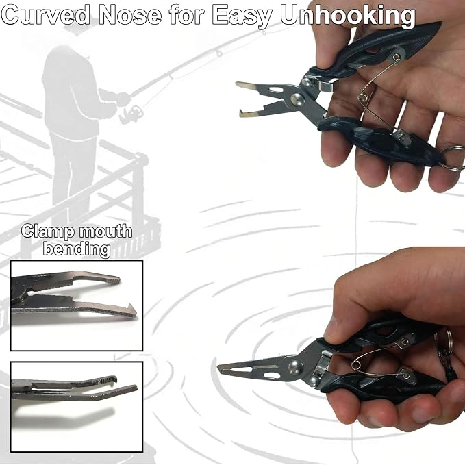 5" Mini Lure Fishing Pliers with Safety Lock and Anti Loss Rope | Multi-Function Curved nose hook remover, line cutter & open ring pliers; rustproof for saltwater and freshwater use
