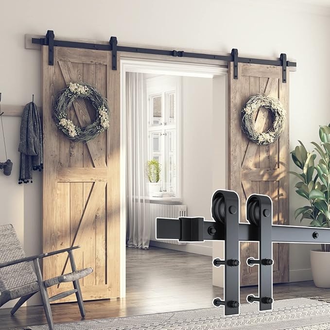 SMARTSTANDARD 9 FT Double Barn Door Hardware Kit, Sliding Door Track-Smoothly and Quietly -Includes Detailed Installation Fit 27" Wide Doorpanel (J Shape Hanger) Black