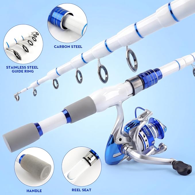 Fishing Rod and Reel Combo,2 Pcs 2.1M Collapsible Fishing Rod Kit with Carrier Bag,Spinning Reels,2 Lines,Lures Baits,Fishing Gifts for Men Women Saltwater Freshwater