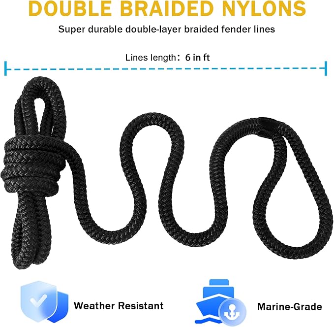 2 Pack 3/8'' x 6' Boat Fender Lines for Mooring, Docking Ties & Small Boat,Premium Marine- Grade Double Braided Nylon Boat Rope with a 5" Eyelet,Anti-Wear & Weather-Resistant-Black