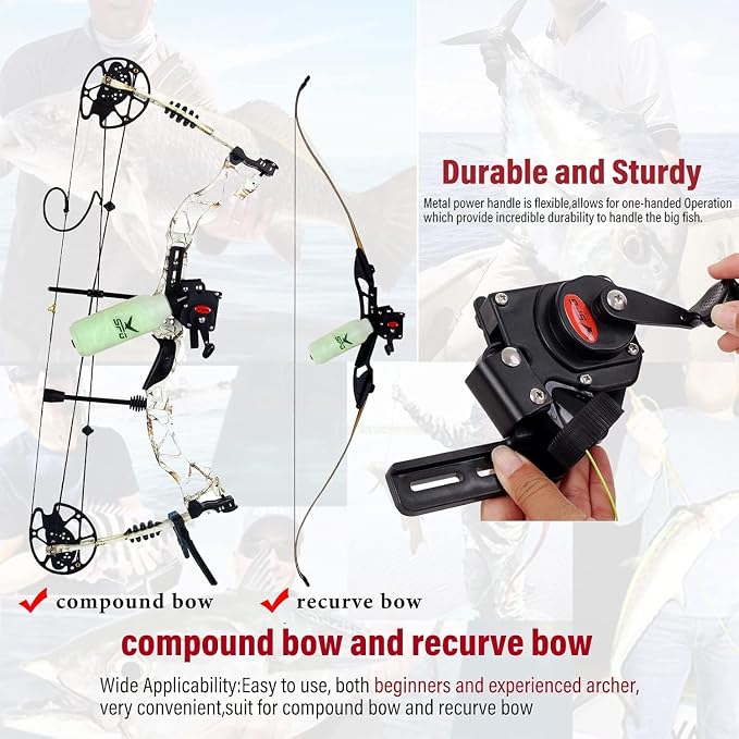 Bottle Style Bowfishing Reel for Recurve & Compound Bow, Zero-Drag One-Handed Operation Fishing Reel Kits with 40M 100 Lbs Dacron Line Complete Set with Mounting Screws