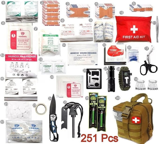 Galaxy 251 Pcs First Aid Kits for Survival Emergency Trauma Military Tactical Medical Hunting Camping Hiking Fishing IFAK EMT Bag (Khaki)