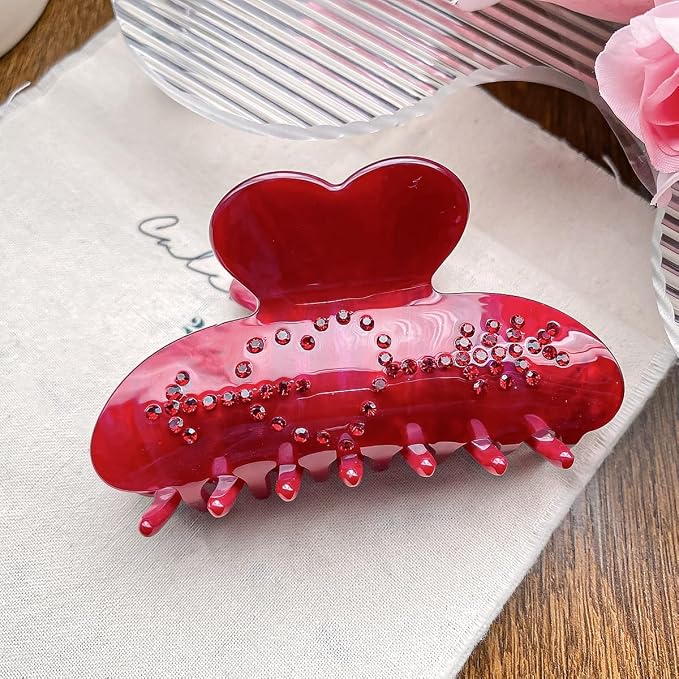 Heart Hair Claw Clips Large Acrylic Hair Clips Red Heart Shape Clamp Clips for Holiday Hair Accessories Strong Hold Hair Jaw Clips with Cupid Rhinestones Luxury Design Wedding Party Gifts