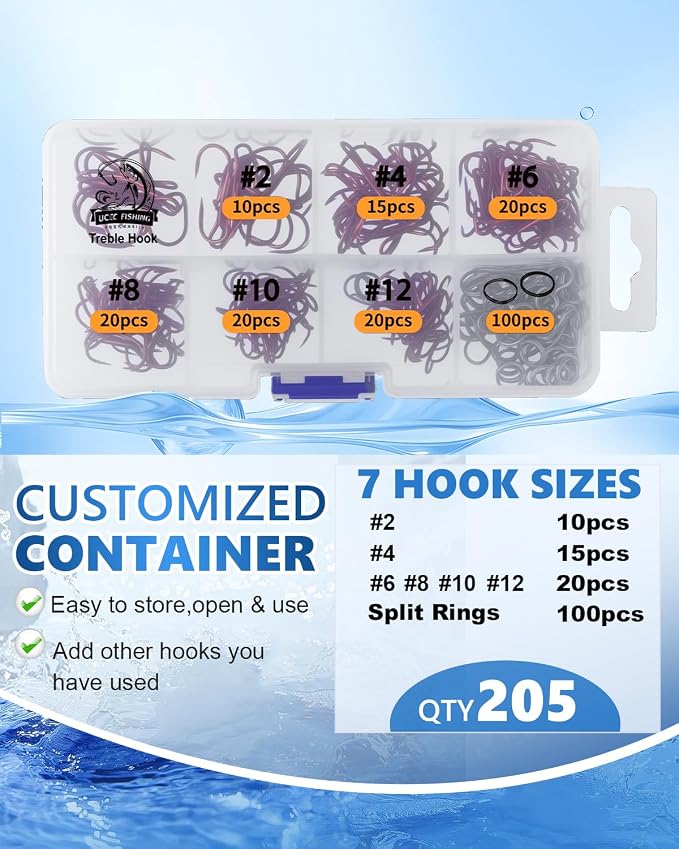 UCEC Fishing Hooks Treble Hooks Kit for Saltwater Freshwater, High Carbon Steel Strong Sharp Round Bend for Catfish Trout Hard Baits Lures, Size #1#2#4#6#8#10#12#14 110/50/210 Pack with Split Rings